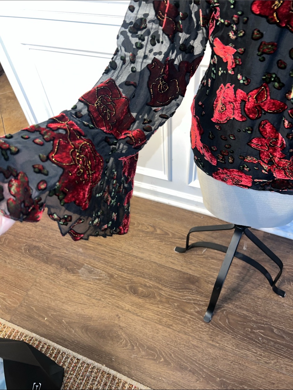 Dress Barn Black Blouse with Red Velvet Floral Burnout - Picture 4 of 6